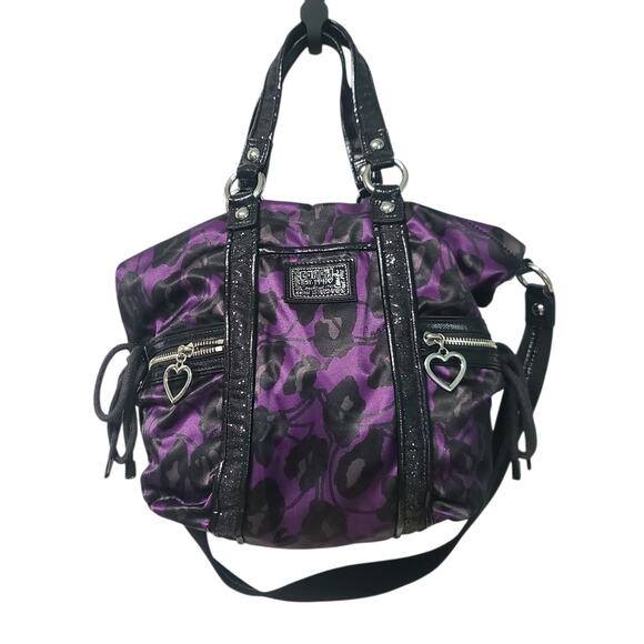 Coach Daisy Ocelot Hobo Shoulder Handbag Pocket Tote F20071 Black & Purple RARE - Picture 1 of 7